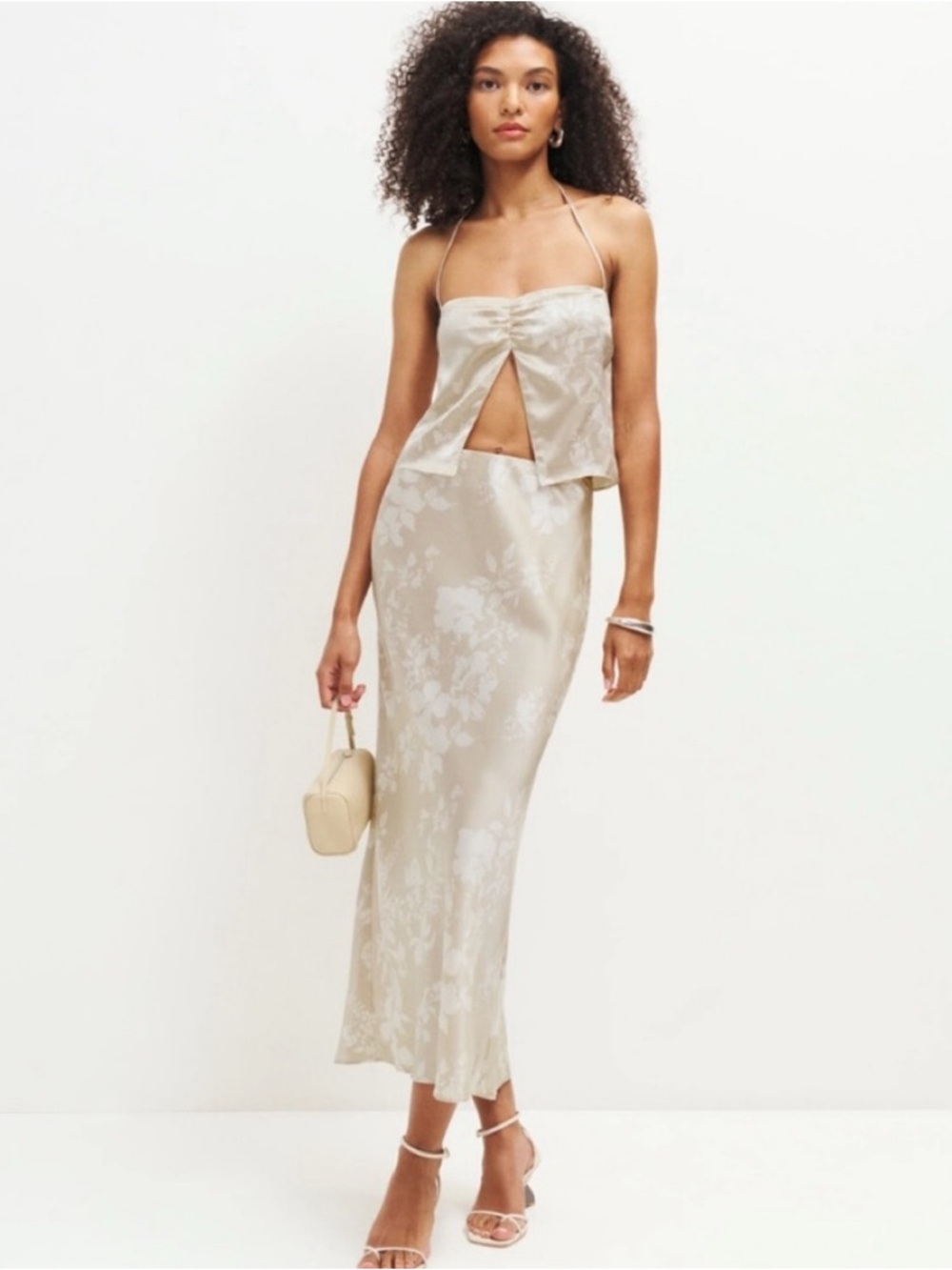 Reformation Beba Champagne Silk Satin Floral Top & Midi Skirt Set Size 4 NWT
